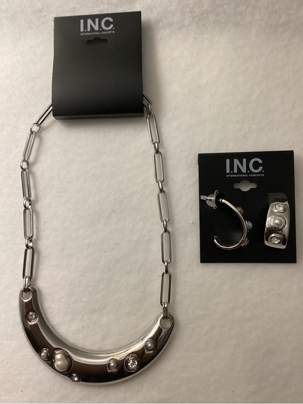 I.N.C. Silver Crystal & Imitation Pearl Curved Bar Statement Necklace & Earrings - Picture 2 of 12